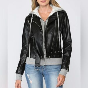 Fate Womens Jacket Small Black Hoodie Hybrid Faux Leather Vici Double‎ Zipper